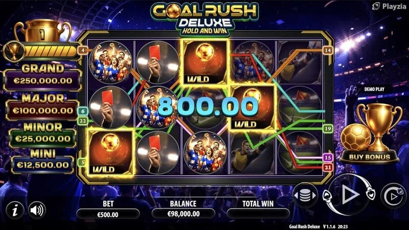 Goal Rush Deluxe — pamatspēle, laimējošās līnijas izkrišana