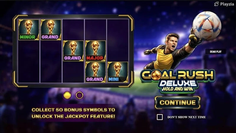 Goal Rush Deluxe — galvenā izvēlne ar ruļļiem un stadiona tribīnēm